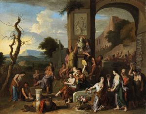 A sacrifice in Roman ruins by Gerard Hoet