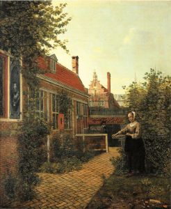 Frau mit Bohnenkorb im Gemusegartchen