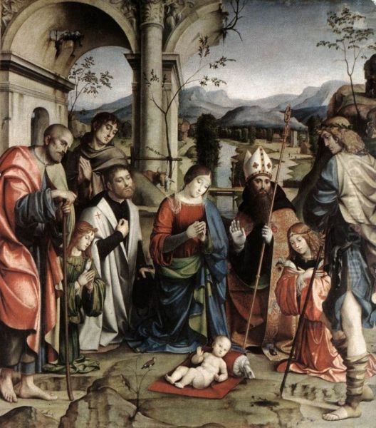 Adoration of the Child with the Virgin Mary, Saints Joseph, Augustine, Francis, two angels and Anton Galeazzo and Alessandro Bentivoglio - view 1