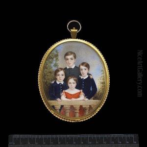 A Family Group Standing At A Balustrade, The Eldest Boy Wearing Black Jacket And White Collar, His Hands On The Shoulders Of The Younger Boys Wearing Blue Coats With Silver Buttons And White Collars, The Girl, Wearing Red Dress With Orange Ribbons And Whi by John Carlin