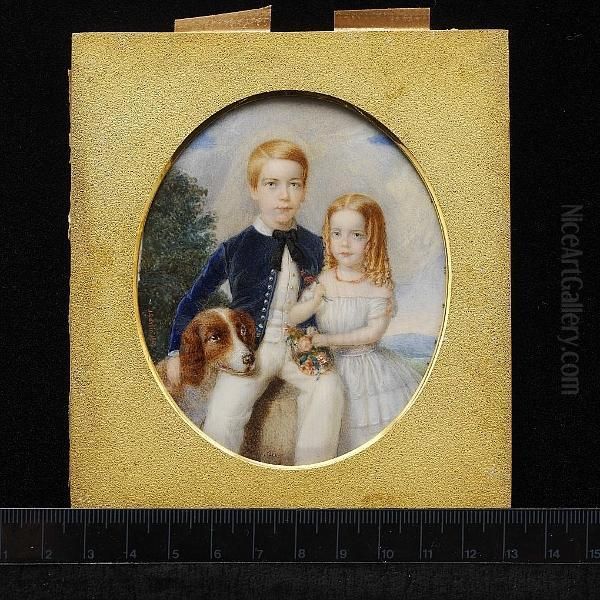 Two Children And A Dog Seated In A Landscape; He, Wearing Blue Jacket With Silver Buttons, Black Ribbon Necktie, White Chemise, Waistcoat And Trousers, His Right Hand Rests On His White And Tan Dog, His Left Hand On His Sister's Shoulder, Who Wears White - view 1