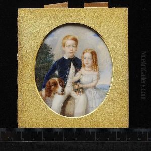 Two Children And A Dog Seated In A Landscape; He, Wearing Blue Jacket With Silver Buttons, Black Ribbon Necktie, White Chemise, Waistcoat And Trousers, His Right Hand Rests On His White And Tan Dog, His Left Hand On His Sister's Shoulder, Who Wears White by John Carlin