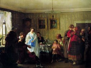 Pozdrowienie mlodej pary w domu ziemianina. 1861 by Grigoriy Myasoyedov