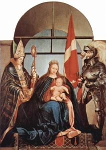 Gerster-Altar, Szene: Thronende Madonna, links: Hl. Nicolaus von Myra, rechts: Hl. Ursus by Hans Holbein the Younger