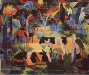 Landschaft mit Kuhen und Kamel