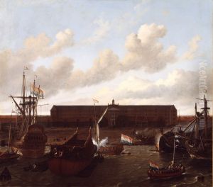 Het zeemagazijn en de scheepstimmerwerf van de VOC op het eiland Oosterburg bij Amsterdam.[2] by Ludolf Bakhuizen