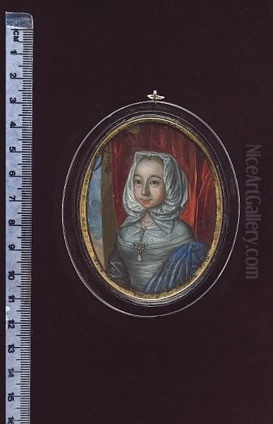 A Lady, Wearing White Dress With Brooch At Her Corsage, White Coif Tied Beneath Her Chin And Blue Cloak, Crimson Curtain Background, Gold Border - view 1