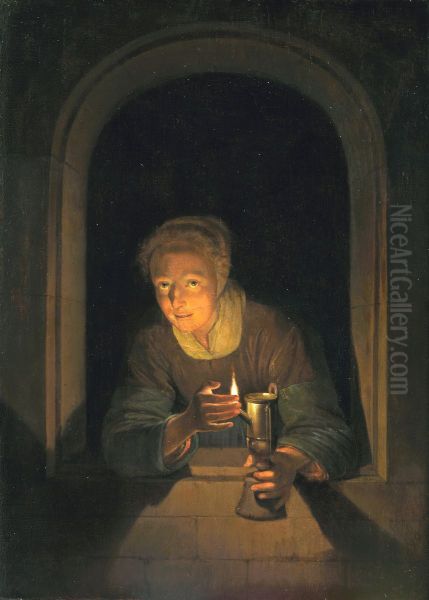 Young Woman Holding a Lamp - view 1
