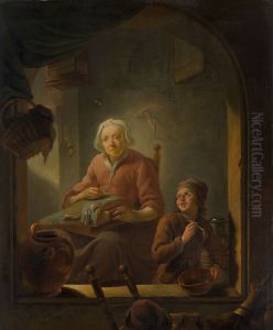 A Lacemaker, with a Boy Blowing Bubbles