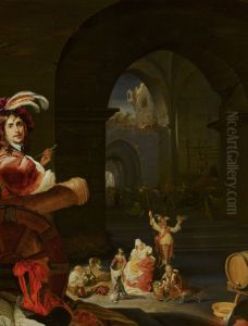 Soldaten en andere figuren tussen de ruines van een kasteel, met een zelfportret van de kunstenaar in de voorgrond by Karel Slabbaert