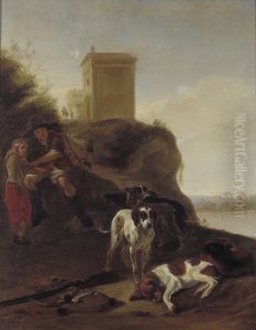 Jagers en honden in Italiaans landschap by Hendrik Verschuring