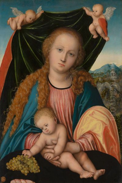 Madonna mit Kind und Trauben, Zwei Engel halten einen Vorhang - view 1