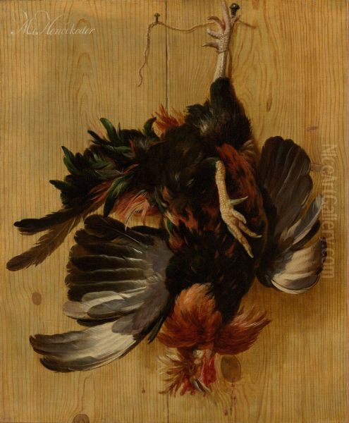 Un coq mort suspendu a un clou - view 1