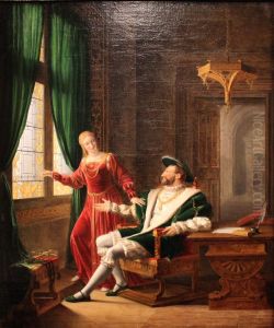 Francois Ier montre a Marguerite de Navarre, sa soeur, les vers qu'il vient d'ecrire sur une vitre avec son diamant.