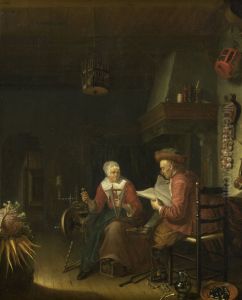 Interior with a man reading and a woman spinning yarn