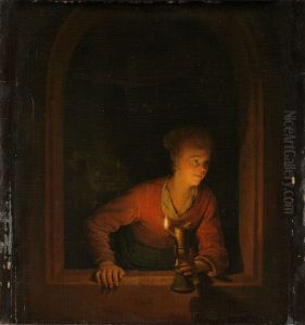 Jeune femme a sa fenetre eclairee par une lampe a l'huile by Gerrit Dou
