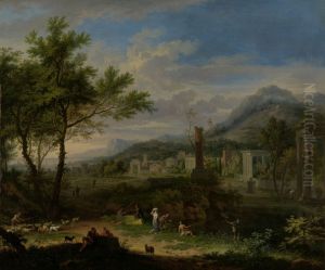Arcadian Landscape with Fishermen by Jan Van Huysum