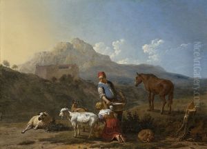 Italiaans landschap met geitenmelkster by Karel Dujardin