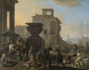 Italiaans marktplein met kiezentrekker by Johannes Lingelbach