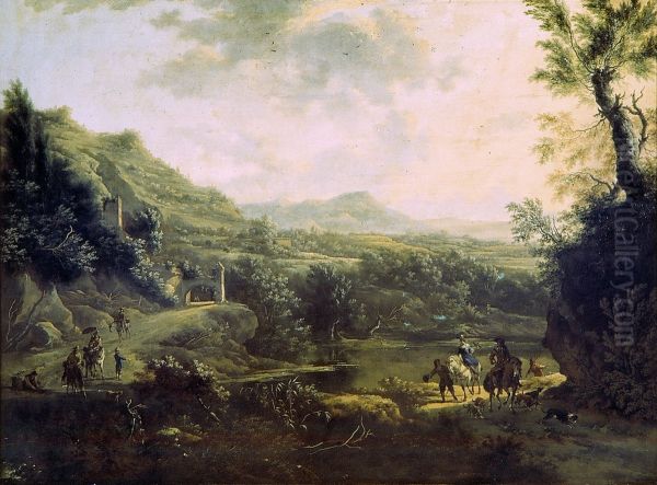 Italiaans landschap met burcht op rotsen - view 1