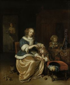Interieur met een moeder die het haar van haar kind kamt, bekend als 'Moederzorg'