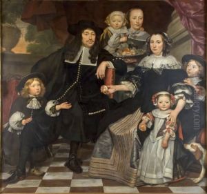 A family on the terrace of a country house by Hendrick ten Oever