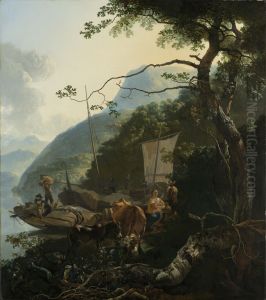 Schippers met hun boten aan de oever van een Italiaans meer Schippers met hun boten aan de oever van een Italiaans meer