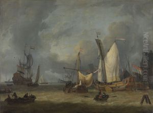 Schepen in de haven bij een stevige bries by Jan Claesz Rietschoof