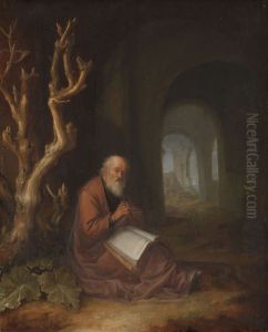 Een biddende kluizenaar in een ruine