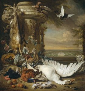 Stilleven met dood wild en vruchten naast een tuinvaas, met een aap, een hond en twee duiven; in het verschiet Rijksdorp bij Wassenaar, een buitenverblijf van jhr. Jacob Emmery baron van Wassenaar Stilleven met dood wild en vruchten naast een tuinvaas, met een aap, een hond en twee duiven; in het verschiet Rijksdorp bij Wassenaar, een buitenverblijf van jhr. Jacob Emmery baron van Wassenaar
