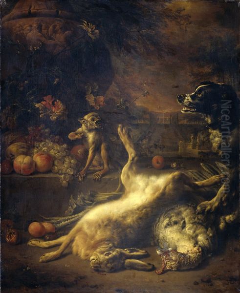 A Monkey and a Dog with Dead Game and Fruit - view 1