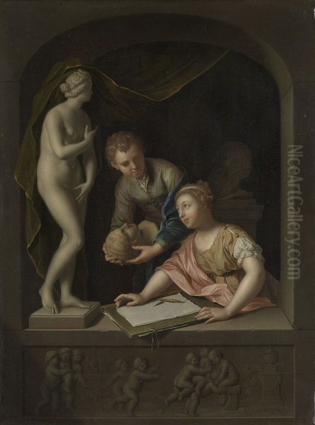 Een tekenares en een jongen bij een beeld van Venus - view 1