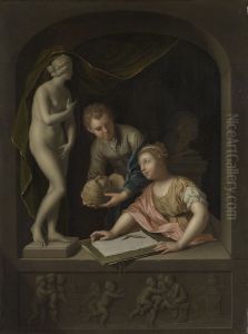 Een tekenares en een jongen bij een beeld van Venus by Pieter van der Werff