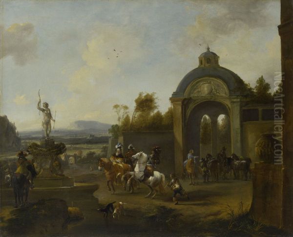 Jachtgezelschap bij een fontein - view 1