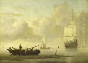 Schepen voor de kust tijdens windstilte by Willem van de Velde the Younger