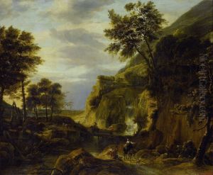 Berglandschap met waterval by Roelant Roghman