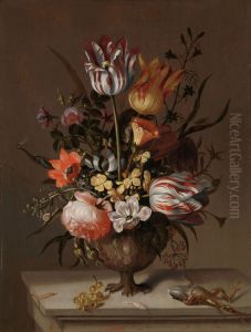 Stilleven met bloemenvaas en dode kikvors