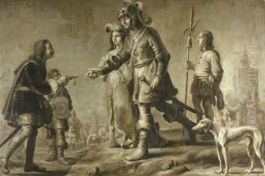 Boudewijn van Heusden (?-870) en zijn echtgenote Sophia, ontvangen eerbewijzen van de gezant van koning Edmund by Adriaen van de Venne