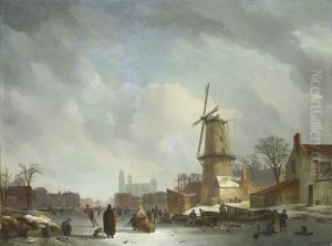 IJsvermaak op een stadsgracht by Abraham Johannes Couwenberg
