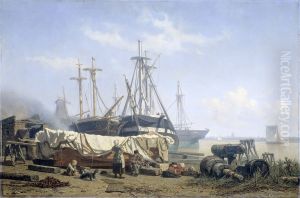 Schafttijd op een scheepstimmerwerf aan de Maas by Johan Conrad Greive
