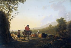 Landschap met veedrijver en schaapherder. by Jacob van Strij
