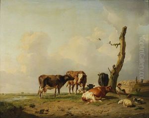 Landschap met herder en vee bij een boom by Eugene Verboeckhoven