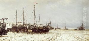 Boten op het strand bij Scheveningen by Hendrik Willem Mesdag