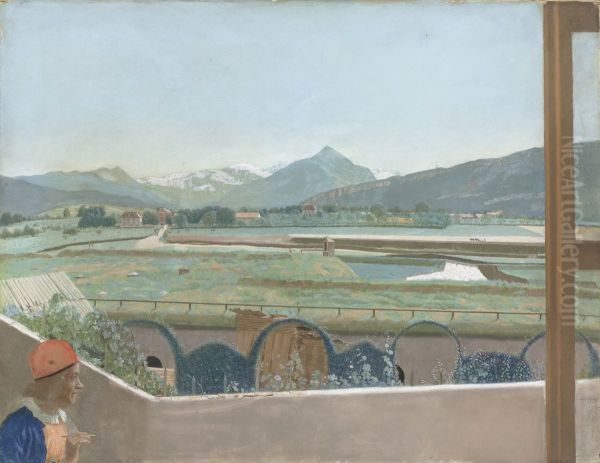 Aussicht auf das Mont-Blanc Massiv vom Studio des Malers in Genf mit Selbstportrat - view 1