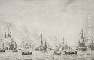 De zeeslag tegen de Spaanse Armada bij Duins by Willem van de, the Elder Velde