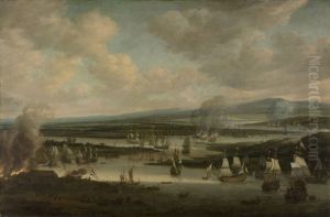 Het verbranden van de Engelse vloot bij Chatham, juni 1667, tijdens de Tweede Engelse Zeeoorlog (1665-1667)