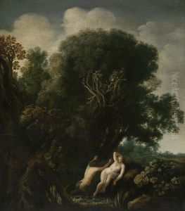 Een nimf door een sater verrast tijdens het baden by Moses van Uyttenbroeck