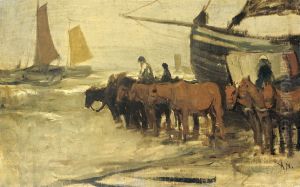 Het in zee brengen van een visserspink by Anton Mauve