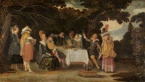 Voornaam gezelschap, dinerend in de buitenlucht by Esaias Van De Velde