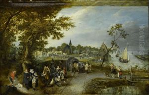 Landscape with Horsemen and Travellers near a Town by a River by Adriaen van de Venne
